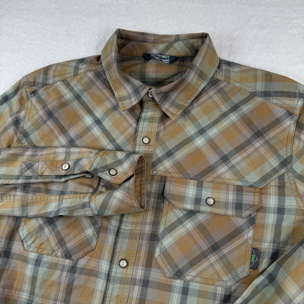 Stio Shirt Mens Size L Brown Plaid Long Sleeve Snap Button Up Casual Outdoor